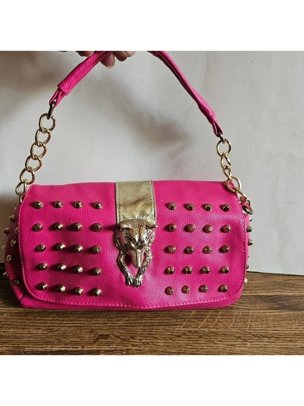 Kasinilan Small Hot Pink Front Embellished Baguette Bag